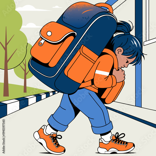 school child carrying heavy backpack and walking tired, education pressure and student burden concept illustration