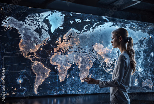 Cybersecurity Analyst Monitoring Global Network on Futuristic Holographic Display