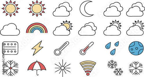 Comprehensive set of summer weather vector icons featuring sun, cloud, rain, and wind symbols for climate forecast design elements