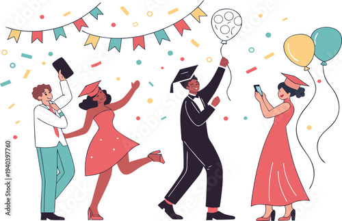 Vector illustration of a happy party girl and couple in fashion dresses dancing with glamour and style at a music celebration