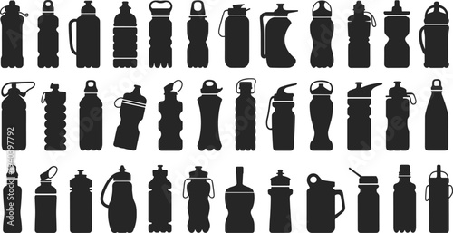 Assortment of black silhouette water bottle and thermos designs on white background Keywords: water bottle, thermos, bottle