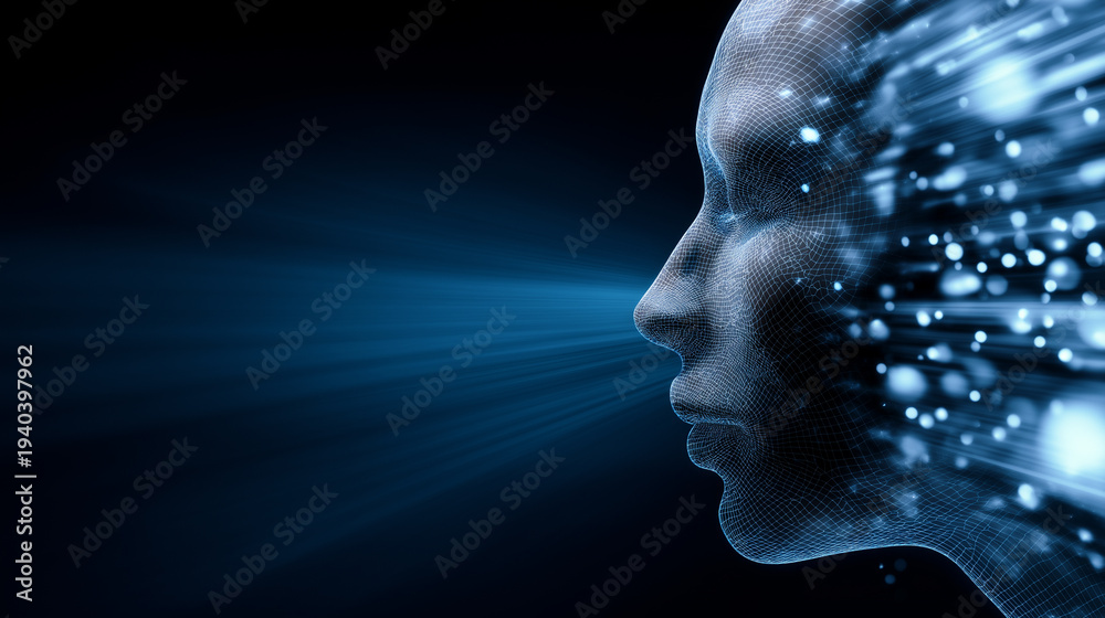Obraz premium Futuristic digital human profile emitting data stream representing artificial intelligence processing and high-speed technology.