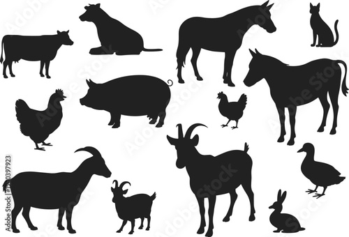 Assortment of farm animal silhouettes on a white background vector illustration