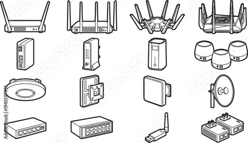 Modern tech setup: an array of internet routers. Showcasing the sleek lines and intricate designs of modern routers.