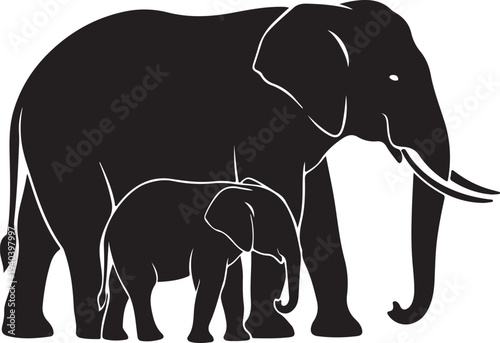 Black silhouette vector illustration of an adult elephant with its baby, depicting family bond and wildlife, ideal for logos, educational materials, or nature-themed designs.