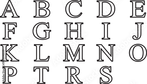 Uppercase letters, a classic serif font presented in black and white, ideal for educational resources and design. 