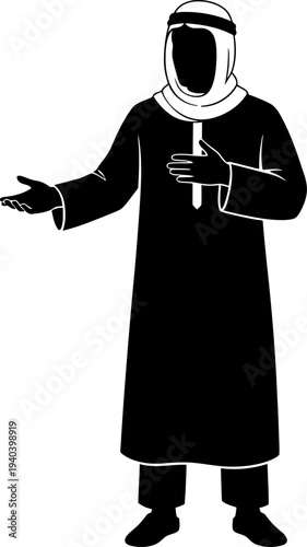 Arab man in traditional attire making a welcoming gesture silhouette