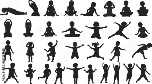 Collection of black silhouette children in yoga and playful poses on white background Keywords: child, kid, children, silhouette