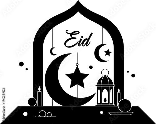 Eid mubarak festive greeting with moon and lantern silhouette