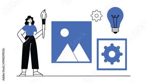 female creative holding paintbrush abstract concept vector illustrations