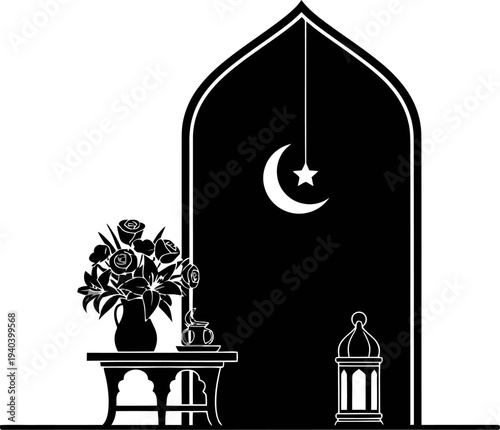 Islamic prayer niche silhouette with lantern and flowers
