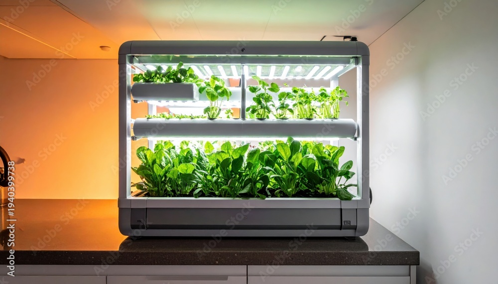 Fototapeta premium Compact indoor vertical hydroponic farm unit with lush green leafy vegetables growing under bright LED lights in a modern kitchen setting