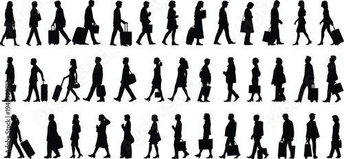 Collection of black silhouettes of people walking with luggage suitcase