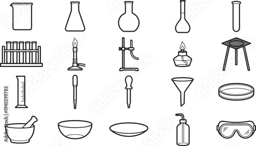 Illustration of essential laboratory glassware and equipment, perfect for scientific education and research. This comprehensive set offers a clear visual guide to various tools.