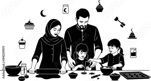 Muslim family baking holiday treats together