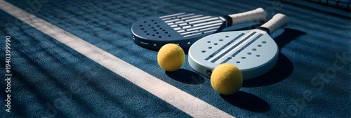 Minimal padel rackets and balls on court in deep blue and yellow sporty tones