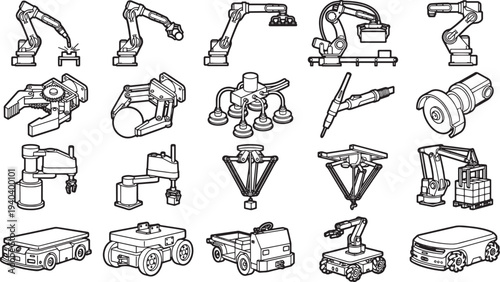 Diverse robotic arms showcasing the evolution of automation and technology in industry. Each arm represents technological advancement. 