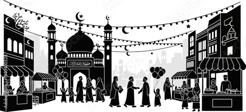 Panoramic silhouette of a festive night market