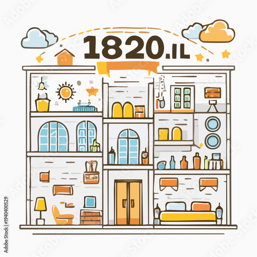 Illustration of a multi-story house with various rooms and furniture.