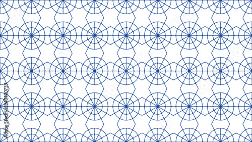 Blue geometric pattern with interconnected circles and hexagons on white background