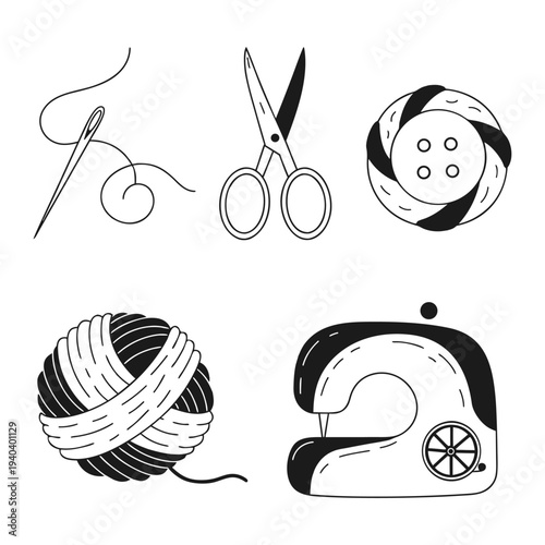 Hand drawn sewing and craft doodles bundle featuring embroidery tools and tailoring elements for handmade clothing and fashion design