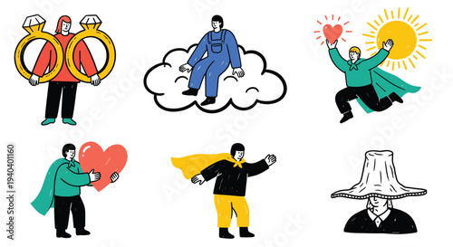 Diverse group of people expressing joy success and love with symbolic imagery like rings hearts and superhero capes