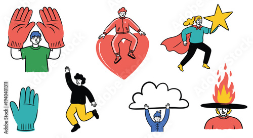 Diverse group of people celebrating achievements and expressing emotions with vibrant illustrations and symbols