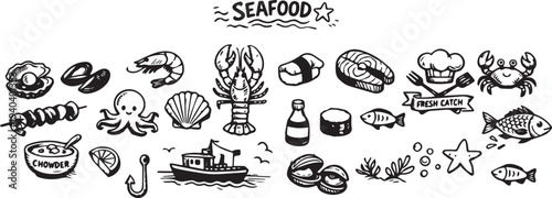Hand Drawn Seafood Icons Set – Doodle Fish, Crab, Shrimp, Oyster Vector Collection.