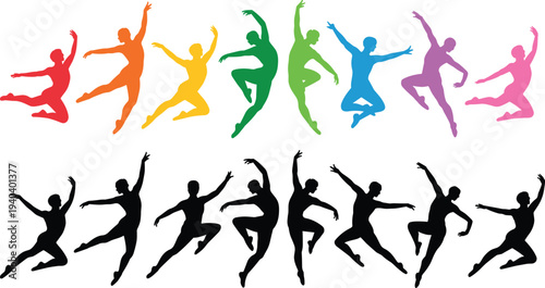 Colorful and Black Silhouettes of Dancers in Dynamic Poses dancing ballet