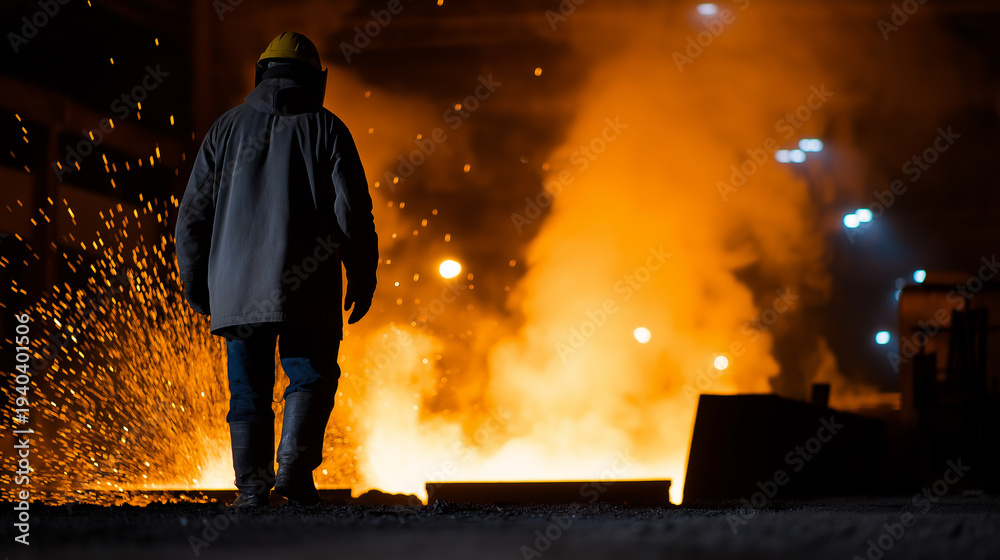 Obraz premium Steelworker standing near molten metal and sparks inside a heavy industrial steel factory.