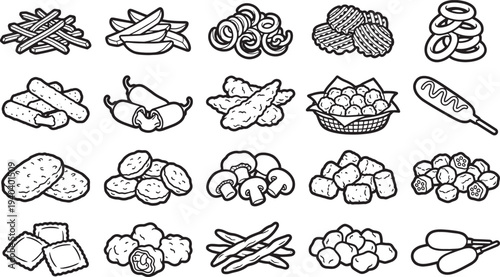 An assortment of black and white image of various delectable fried foods, perfectly illustrated in a mouth-watering array.