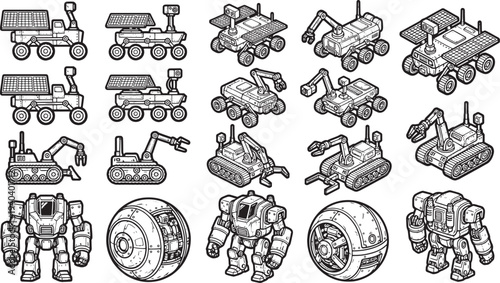 Robotic Exploration: An artistic monochrome array of futuristic robots and rovers, each designed for advanced exploration and discovery.