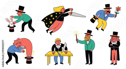 Collection of magicians performing various illusion tricks with props like rabbits hats and flowers