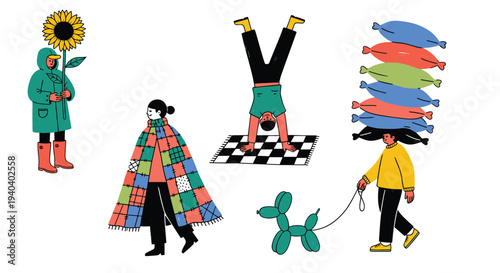 Whimsical collection of diverse people engaged in unique activities and hobbies against a clean white background
