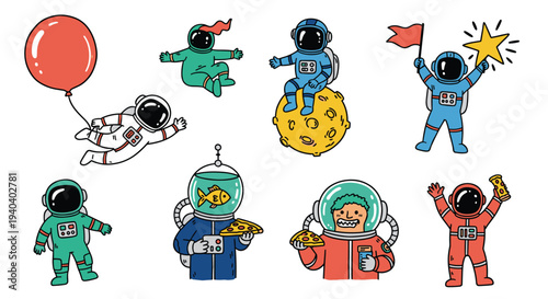 Astronauts in Space Enjoying Pizza and Red Balloon Adventures with a Gold Star and Flag