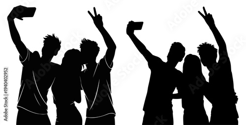 Group of Friends Taking Selfies and Posing Together - Black and White Silhouette Vector Illustration of Happy People Socializing, Traveling, and Making Memories for Youth Culture and Social Media.