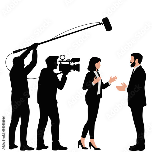 Television Interview Filming Scene Silhouette Cameraman Boom Operator and Reporter Interviewing Businessman Isolated on White Background