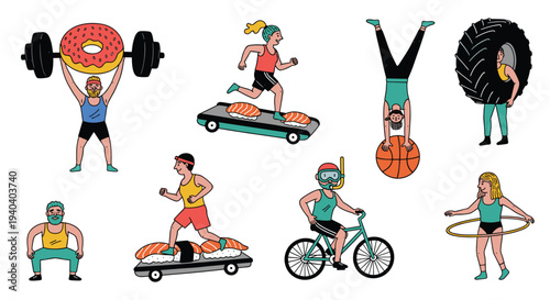 Diverse group of people engaging in humorous and unusual fitness activities with food and objects as props for a healthy lifestyle concept