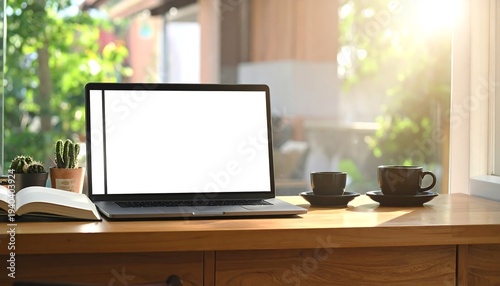Open laptop and coffee cups on wooden desk in sunny home office