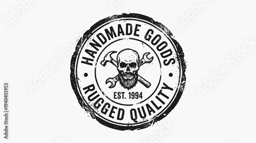 Black and white skull logo.