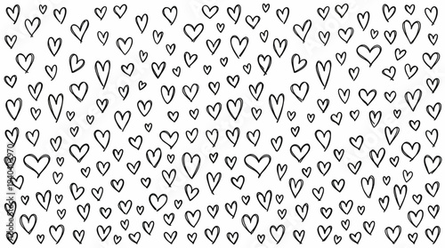 A whimsical pattern of hand-drawn hearts scattered across a white background, ideal for romantic designs (1)