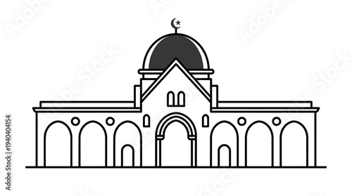 Detailed illustration of a historical mosque with a dome and arches, set against a simple background