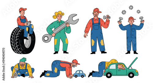 Diverse mechanics team working on car repairs and tire service with tools and equipment in a workshop setting