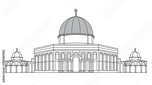 Architectural illustration of a grand mosque with domes and minarets, set against a clear sky