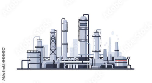 An industrial factory complex with various machinery and smokestacks against a clean white background
