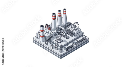 Isometric illustration of an industrial factory with multiple smokestacks and machinery on a gray platform against a white background