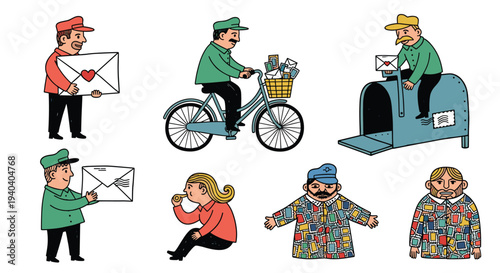 Vintage illustration of mail carriers and recipients engaged in postal activities with letters and a bicycle
