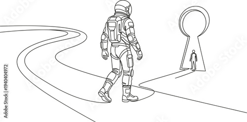 Astronaut walking along curved path toward keyhole door concept line illustration symbolizing opportunity discovery future journey and exploration