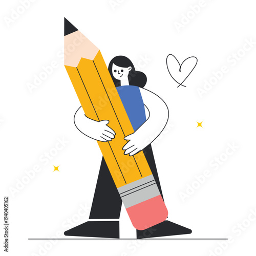Creative girl hugging giant pencil concept of education vector illustration.