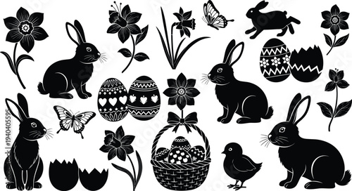 Set of black and blue Easter silhouettes featuring cute bunnies decorated eggs spring flowers butterflies a chick and a basket.